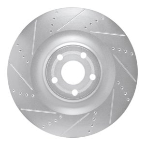 Ford Mustang Mach-E Brake Rotor (1) - Front Left - R1 Concepts - Drilled & Slotted - Silver - `21-`25